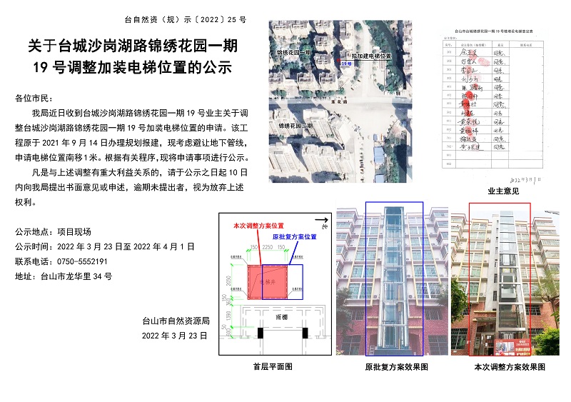 台自然资（规）示﹝2022﹞25号-关于台城沙岗湖路锦绣花园一期19号调整加装电梯位置的公示.jpg